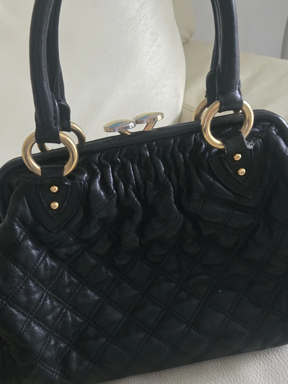 Y2k Marc Jacob Vintage Quilted Leather Satchel Handbag with Gold Chain Hardware